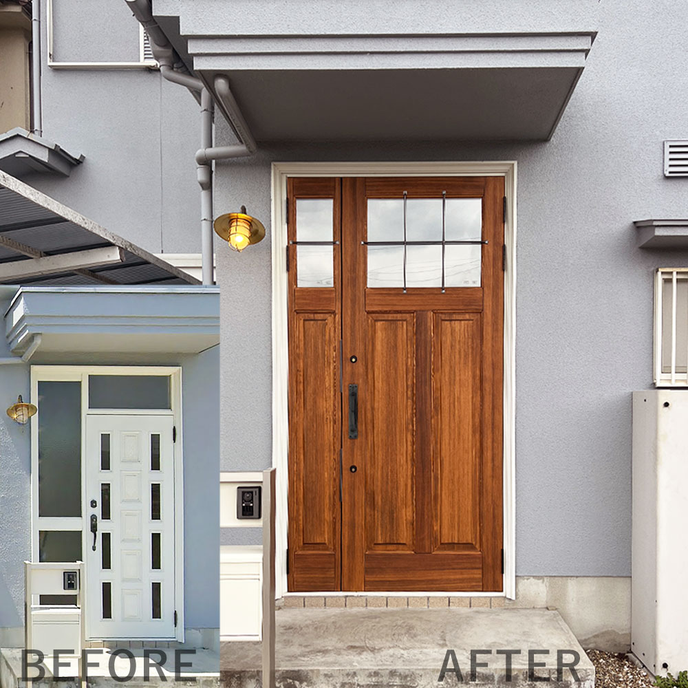 アメリカンファームハウスの顔を作る。経年美化を愉しむ木製玄関ドアの仕様