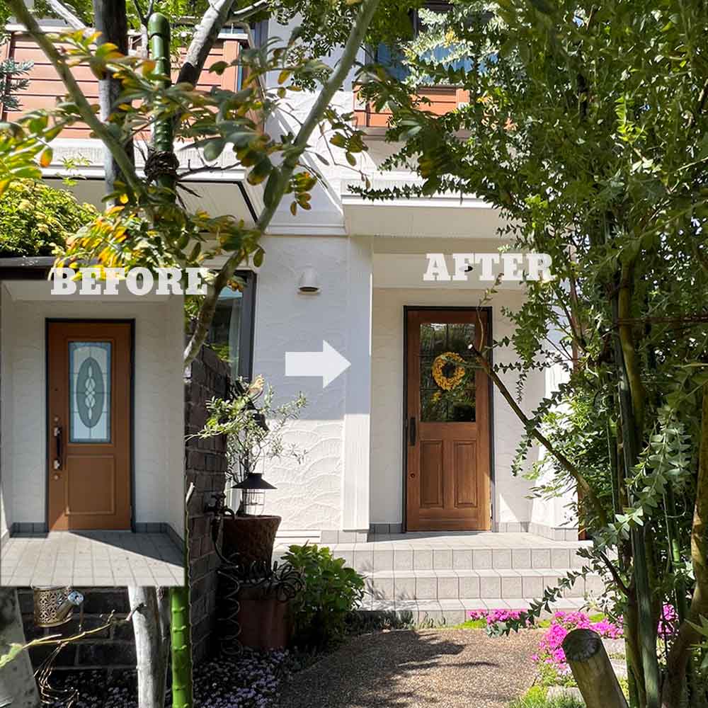 アルミドアから木製へ！築十数年のわが家が蘇る「庭を愛でる」玄関リノベ