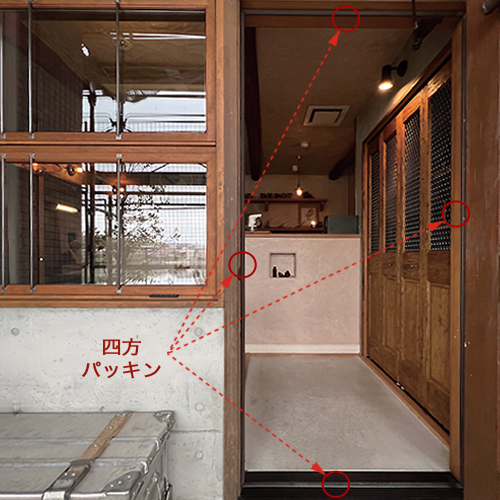 ドア枠の戸当り四方にぐるりと施され、隙間風を物理的にシャットアウトするパッキン付き外部用ドア枠の構造